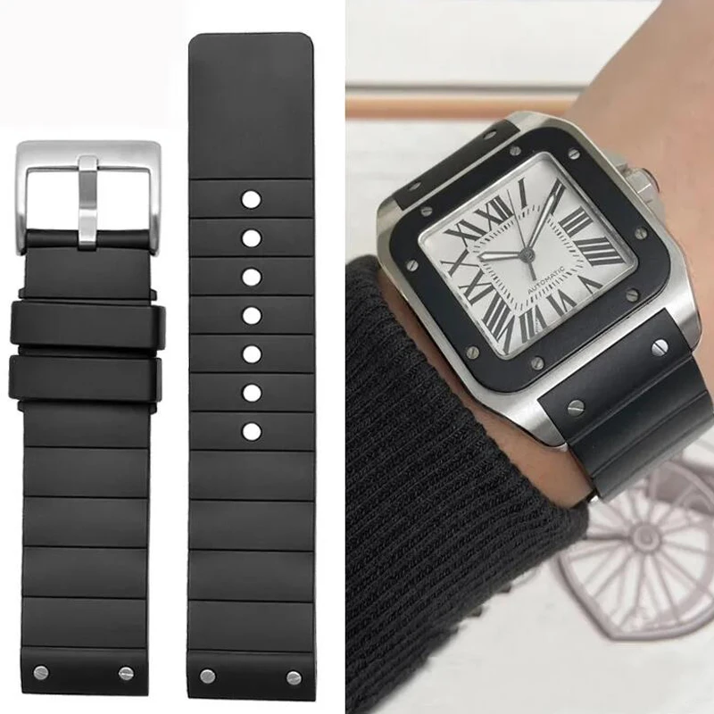 Cartier Watch Santos - นาฬิกาคุณภาพสูงสําหรับ Cartier Santos 100 ยางสีดําสายนาฬิกาผู้ชายผู้หญิงซิลิโคนอุปกรณ์เสริมสร้อยข้อมือ 23