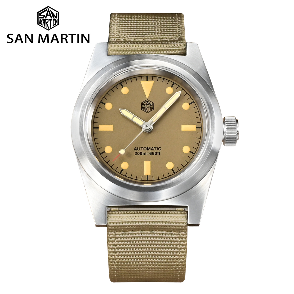 Tropic Strap Vintage - San Martin นาฬิกานักบิน38มม. วินเทจทหาร YN55ผู้ที่ชื่นชอบนาฬิกากลไกอัตโนมัติของผู้ชายสายไนลอน C3